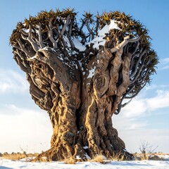 A gnarled, towering tree stands in a snowy landscape against a clear blue sky, showcasing intricate branch structure