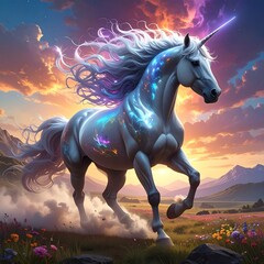 A glowing unicorn trots in a flower-filled meadow at sunset, magical light sparkling from its body and flowing mane