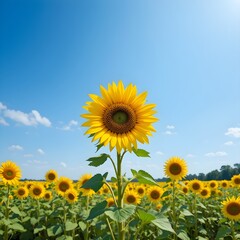 &ldquo;Vast Sunflower Field Under Clear Blue Sky &ndash; Endless Yellow Sunflowers Blooming in Summer Landscape, Bright Floral Agriculture Scene, Natural Countryside Background, Rural Farm Nature Photography