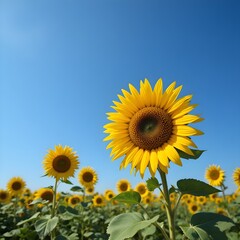 Fototapeta premium “Vast Sunflower Field Under Clear Blue Sky – Endless Yellow Sunflowers Blooming in Summer Landscape, Bright Floral Agriculture Scene, Natural Countryside Background, Rural Farm Nature Photography