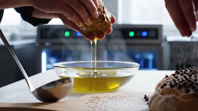 Bread Dipping in Olive Oil with Flour Dusting on a Bright Kitchen Background Clear Bowl Ladle and Wooden Board Food Preparation