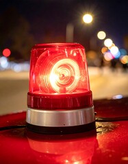 A lit red rotating beacon atop a red surface, illuminated by its own light and blurred lights in the background