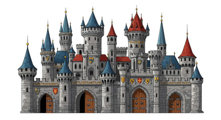 Fototapeta premium Fairytale Castle Illustration Majestic Fantasy Fortress with Towers and Battlements