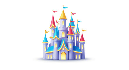 Naklejka premium Vibrant and whimsical fairytale castle illustration, a magical dream kingdom with colorful turrets and flags, evoking wonder and fantasy for children's stories and games