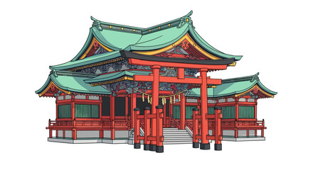 Vibrant illustration of a traditional Japanese shrine with a prominent red torii gate, showcasing classic East Asian temple architecture and cultural heritage on a white background