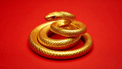 A golden, coiled snake with a red eye sits against a bright red backdrop