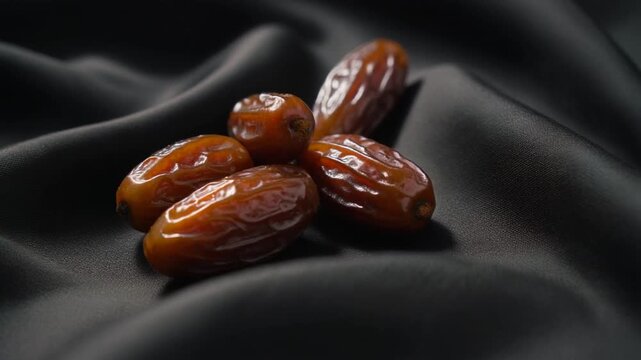 Close-up of glossy dates on elegant black matte fabric with soft directional lighting. Premium food cinematography.