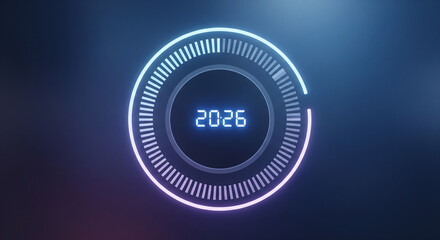 Glowing blue digital circle with 2026 text in center on dark background with neon light effect and futuristic design elements