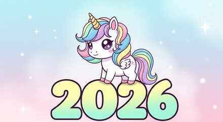 Naklejka premium Cute cartoon unicorn standing on 2026 number, rainbow mane, pastel background, whimsical illustration for kids, fantasy creature, smiling face, colorful hair, gold horn, soft
