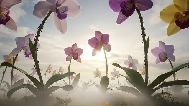 Beautiful Orchid Flowers Blooming in a Misty Garden at Sunrise.
