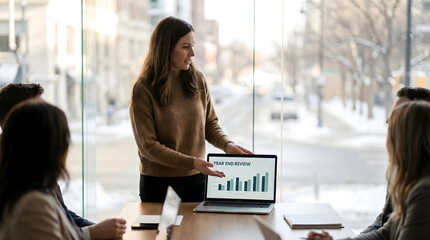 Businesswoman presenting financial growth graph on laptop to team in modern office with snowy winter city view. Annual report meeting concept