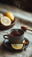 Winter tea with lemon and honey, steam rising gently, cozy atmosphere, neutral beige background, rustic clean setup
