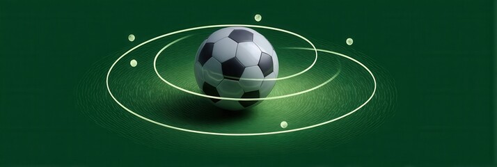 Soccer ball with futuristic technology rings on green background. Sports equipment with glowing circular patterns for football, sports, technology or futuristic concepts.