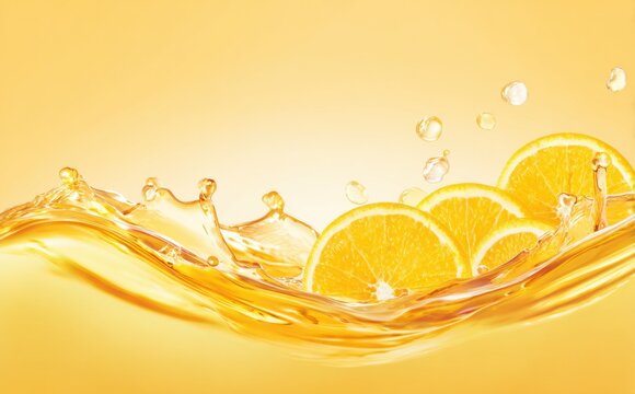 Orange juice splash with fresh orange slices in mid-air. Vibrant citrus fruit juice splash against yellow background.