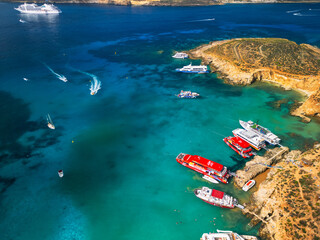 Blue Lagoon on Comino Island, Malta - aerial drone view