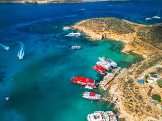 Blue Lagoon on Comino Island, Malta - aerial drone view