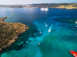 Blue Lagoon on Comino Island, Malta - aerial drone view