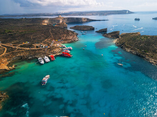 Blue Lagoon, Camino Island - aerial drone view, Malta coastline