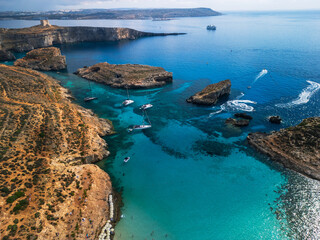 Blue Lagoon on Comino Island, Malta - aerial drone view