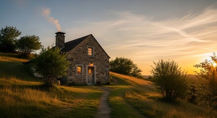 Fototapeta premium Rustic Stone House on a Hillside at Sunset with Warm Light.