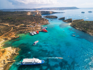 Blue Lagoon on Comino Island, Malta - aerial drone view