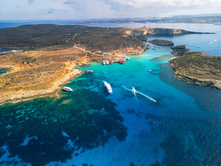 Blue Lagoon on Comino Island, Malta - aerial drone view