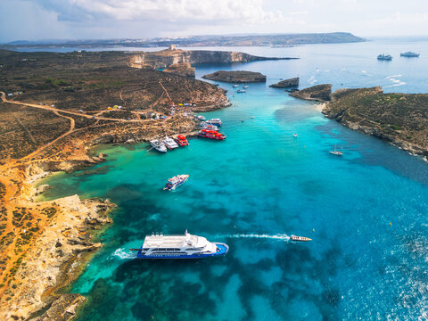 Blue Lagoon, Camino Island - aerial drone view, Malta coastline