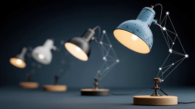 constellation in a dark night sky, where each star is a brightly lit desk lamp, all connected by faint, glowing lines, representing a connected remote workforce 