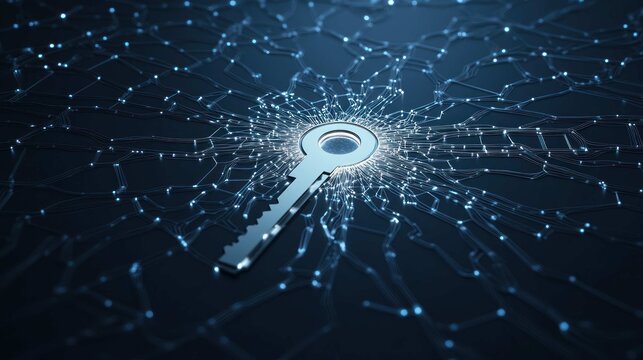 digital key unlocking a complex data network, visualized as a glowing keyhole on a vast plane of interconnected nodes, light spreading from the center as it's unlocked, cybersecurity concept.  - Powered by Adobe