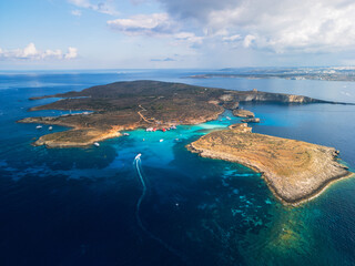 Blue Lagoon on Comino Island, Malta - aerial drone view