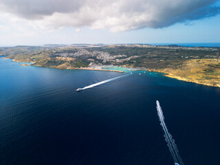 Blue Lagoon on Comino Island, Malta - aerial drone view