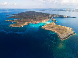 Blue Lagoon on Comino Island, Malta - aerial drone view