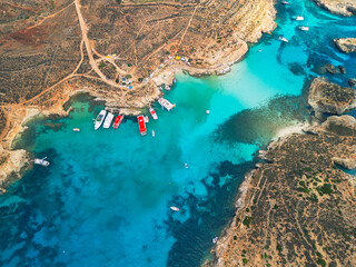 Blue Lagoon on Comino Island, Malta - aerial drone view