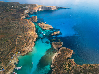 Blue Lagoon on Comino Island, Malta - aerial drone view