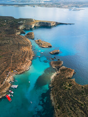 Blue Lagoon on Comino Island, Malta - aerial drone view