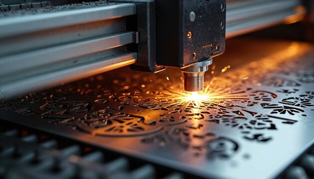Industrial laser cutter etches intricate pattern on metal sheet. Machine works precisely creating design with bright sparks and light. Precision manufacturing in factory.