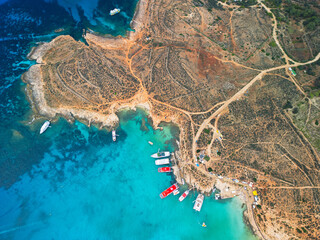 Blue Lagoon on Comino Island, Malta - aerial drone view