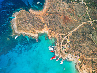 Blue Lagoon on Comino Island, Malta - aerial drone view