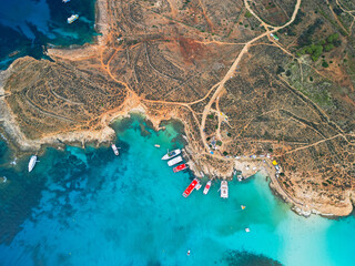 Blue Lagoon on Comino Island, Malta - aerial drone view