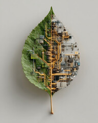Eco technology concept green leaf combined with circuit design, symbolizing innovation