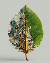 Eco technology concept green leaf combined with circuit, symbolizing innovation