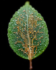 Eco technology concept featuring green leaf with circuit patterns, symbolizing innovation