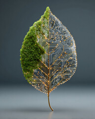 Eco technology concept featuring green leaf combined with circuit patterns, symbolizing
