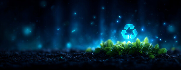 Recycling symbol glowing above green plants dark environment, representing sustainability