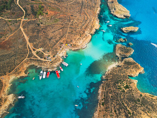 Blue Lagoon on Comino Island, Malta - aerial drone view