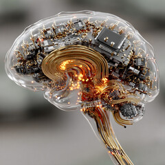 Futuristic technology with digital brain showcasing intricate circuits and glowing connections