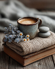 Cozy morning scene featuring cup of coffee, soft flowers, and smooth stones on knitted blanket