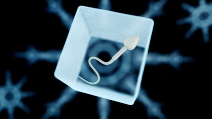 3D sperm cell inside an ice cube, symbolizing sperm banking and fertility preservation. It represents cryopreservation: freezing sperm in liquid nitrogen for future assisted reproduction.