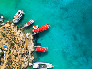 Blue Lagoon on Comino Island, Malta - aerial drone view