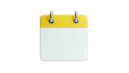 3D Blank calendar icon with yellow header and silver rings on transparent background